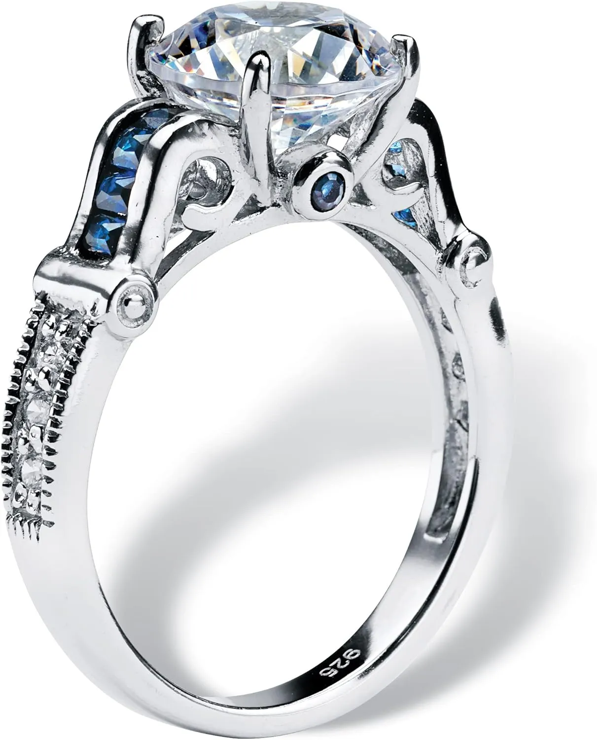 Platinum over Sterling Silver Round Cubic Zirconia and Created Blue Sapphire Engagement Ring
