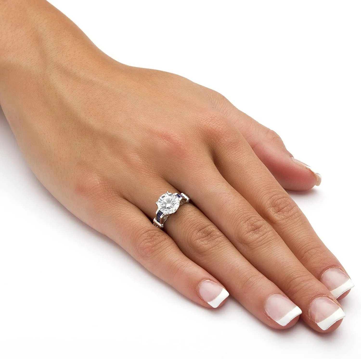 Platinum over Sterling Silver Round Cubic Zirconia and Created Blue Sapphire Engagement Ring