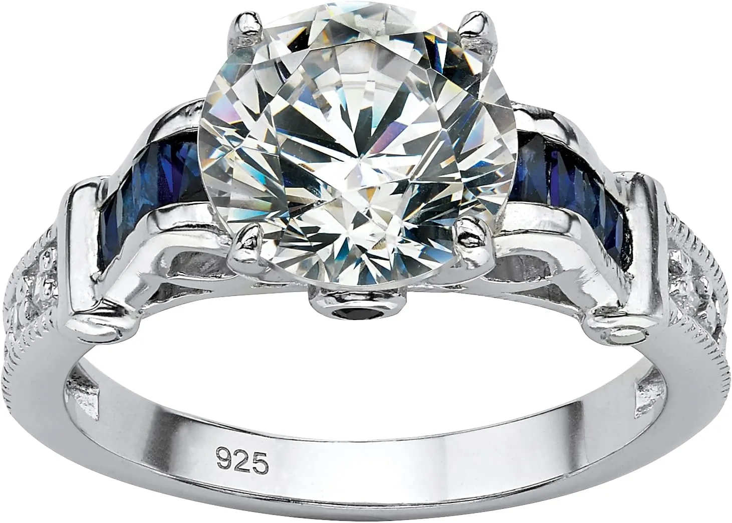 Platinum over Sterling Silver Round Cubic Zirconia and Created Blue Sapphire Engagement Ring