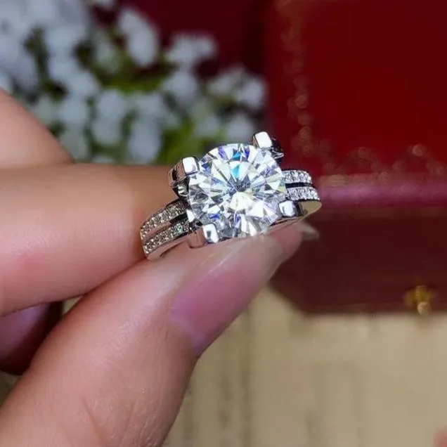 Platinum Plated Silver Moissanite Ring 2ct-3ct Center Stone