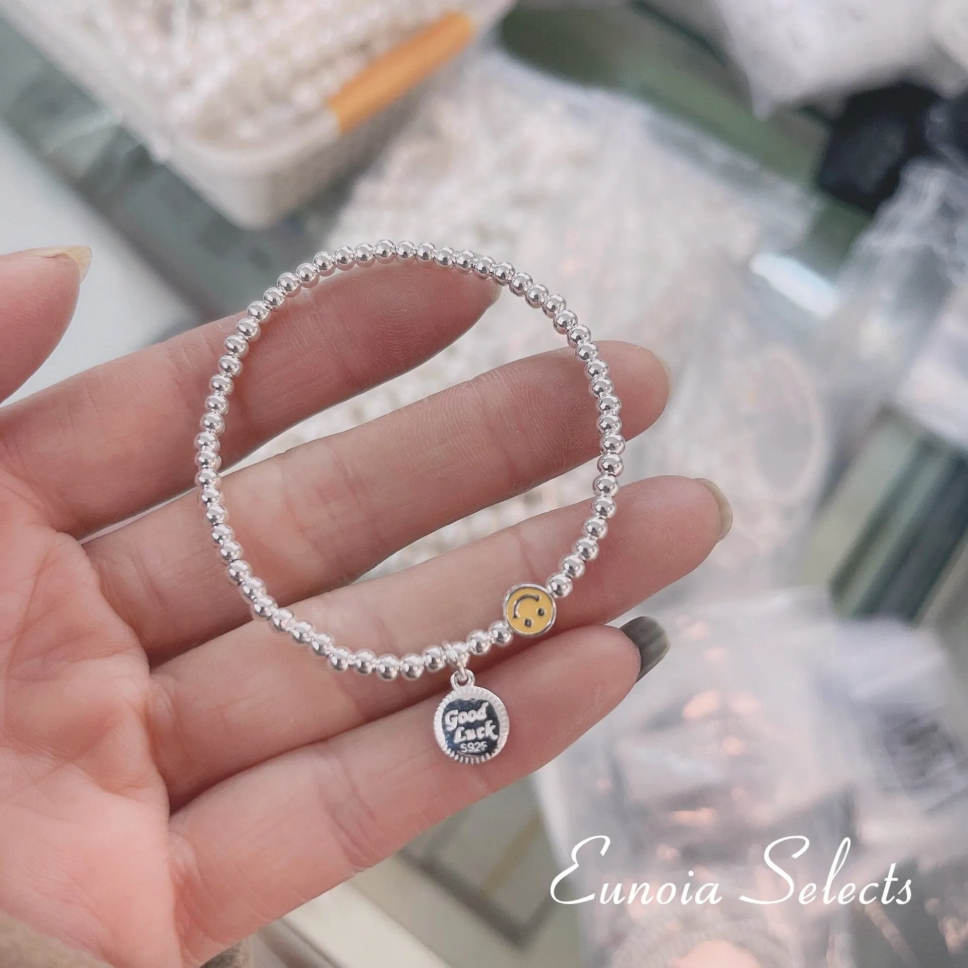 Selena S925 Silver Beads Bracelet, Smiley Face Good Luck Charm | Y2K Jewelry