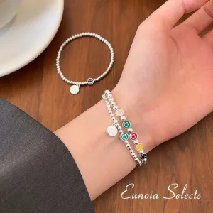 Selena S925 Silver Beads Bracelet, Smiley Face Good Luck Charm | Y2K Jewelry
