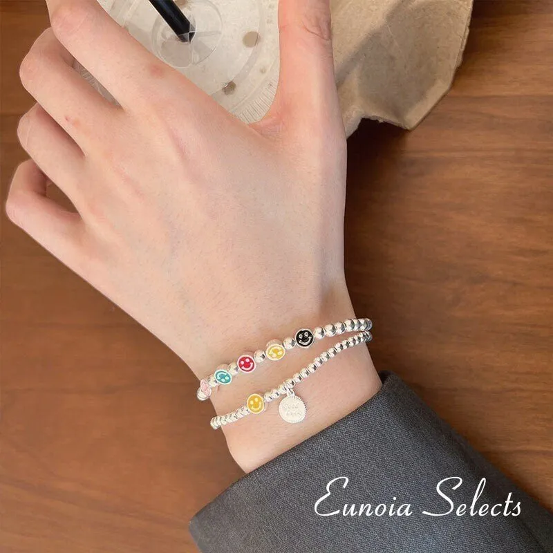 Selena S925 Silver Beads Bracelet, Smiley Face Good Luck Charm | Y2K Jewelry