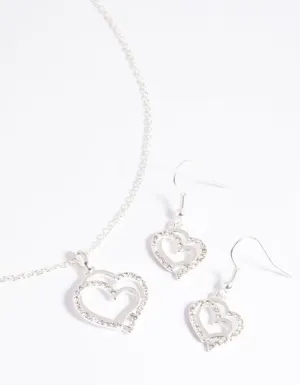 Silver Diamante Heart Necklace & Earrings Set
