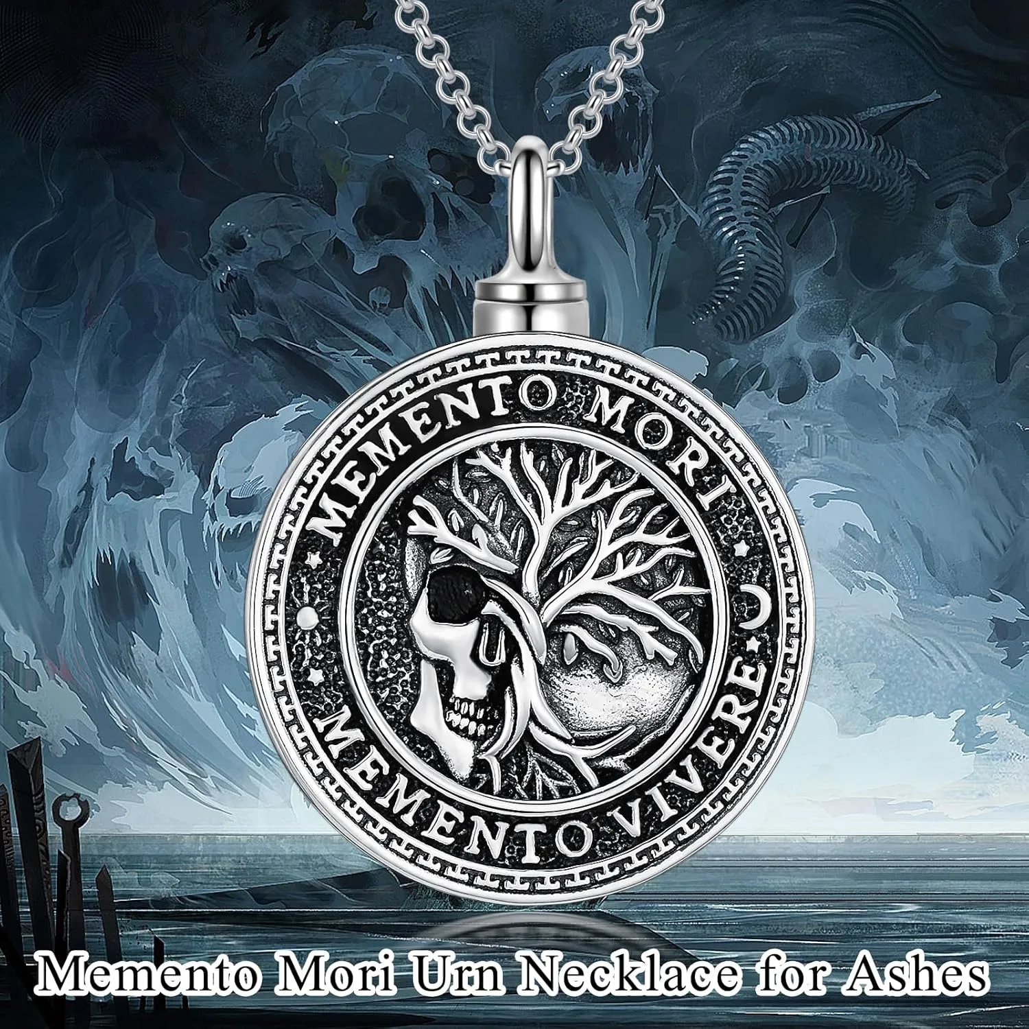 SIMONLY Memento Mori Necklace for Men 925 Sterling Silver Memento Mori Pendant Gothic Skull Pendant Amulet Protection Jewelry Gifts