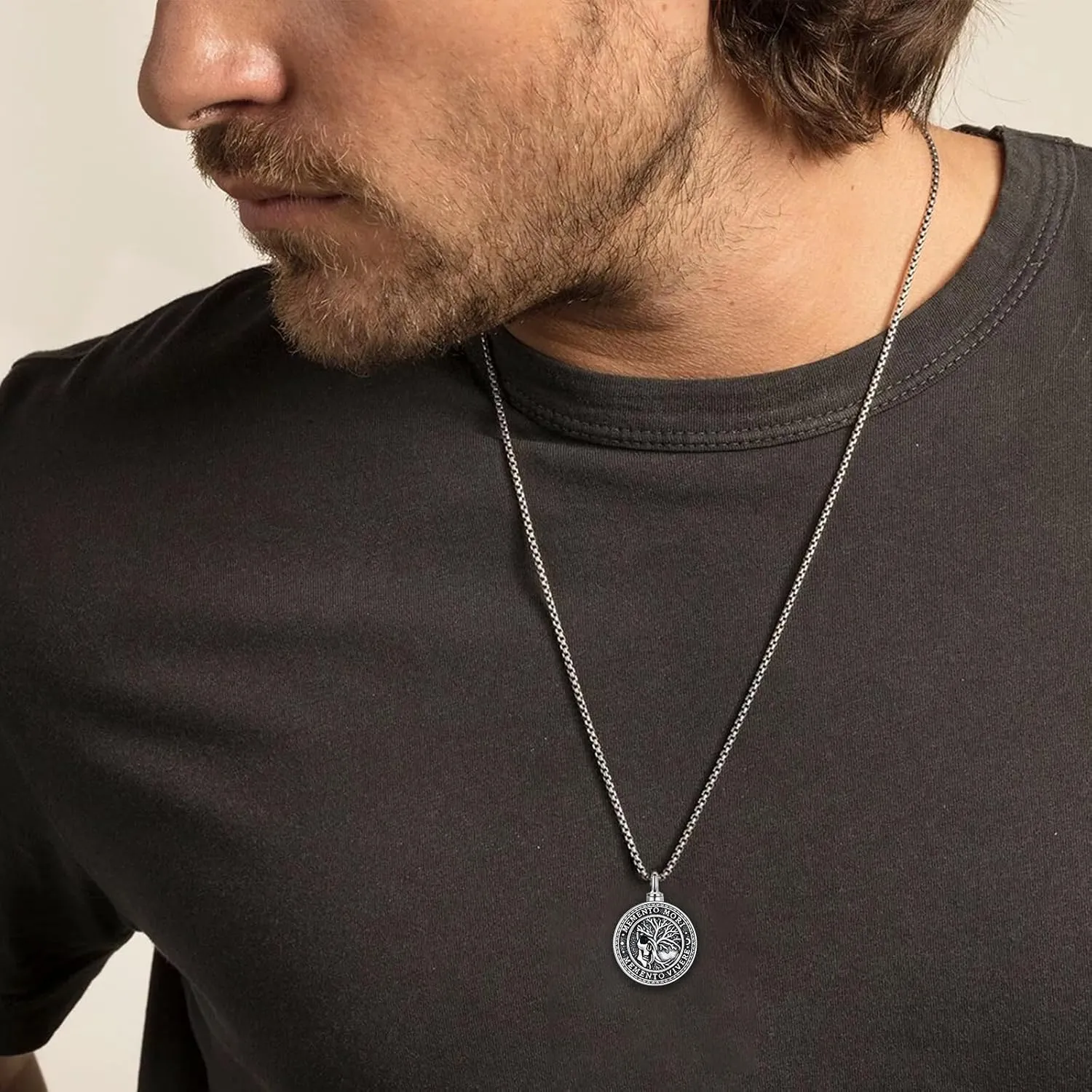 SIMONLY Memento Mori Necklace for Men 925 Sterling Silver Memento Mori Pendant Gothic Skull Pendant Amulet Protection Jewelry Gifts