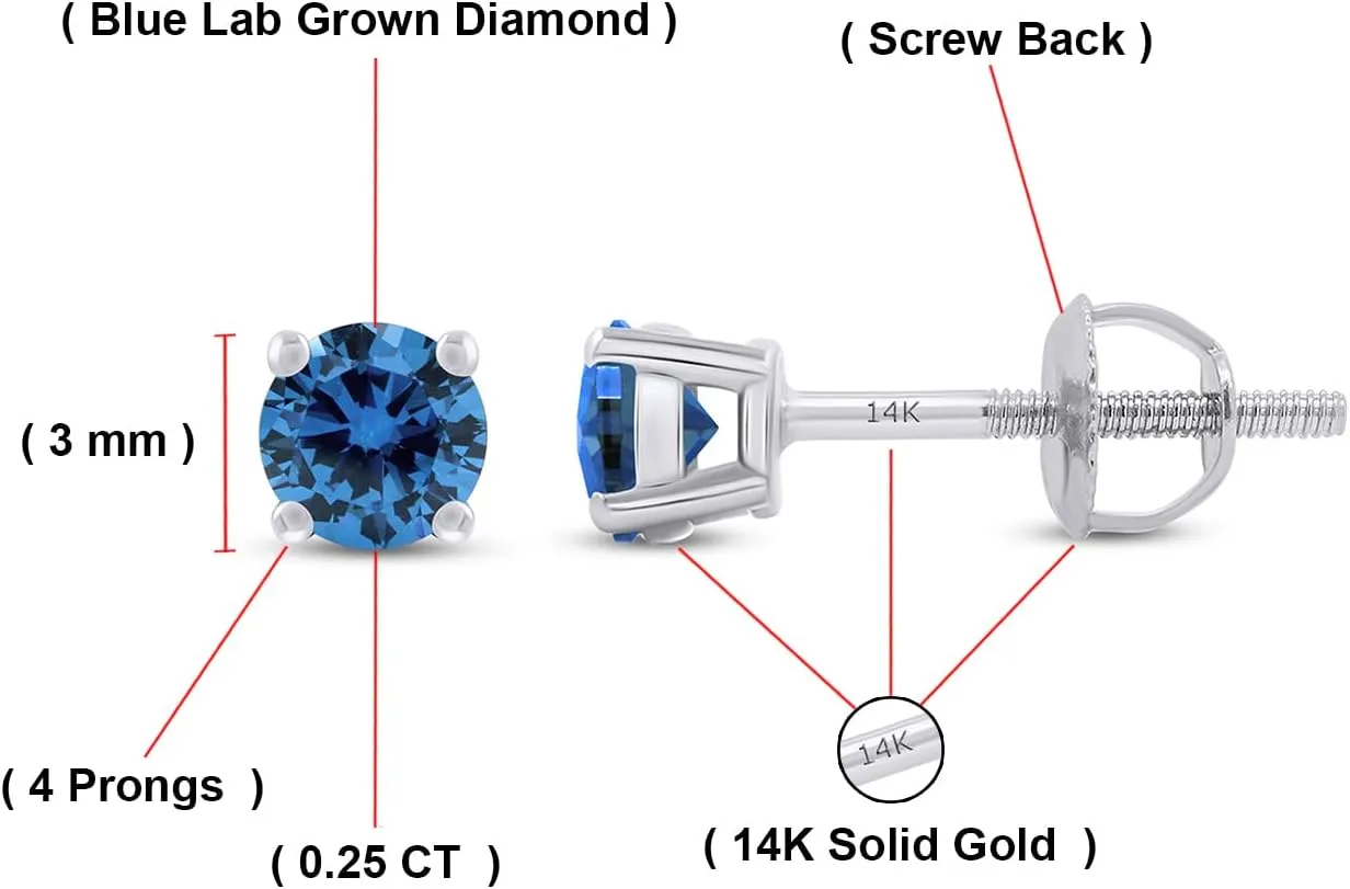 Solitaire Earrings For Women, Round Shape Multi Color Lab Grown Diamond 4-Prong Screw Back Stud Earring In 14K Solid Gold Jewelry Wedding Gift For Her (0.20 Ct - 0.25 Ct)