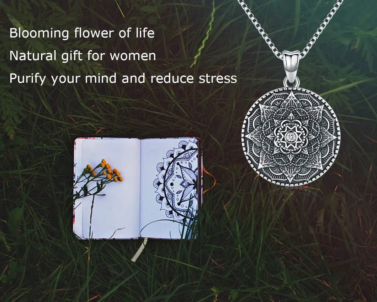 Sterling Silver Mandala Necklace Flower of Life Pendant for Women 3D Blooming Mandala Jewelry with 18" Chain