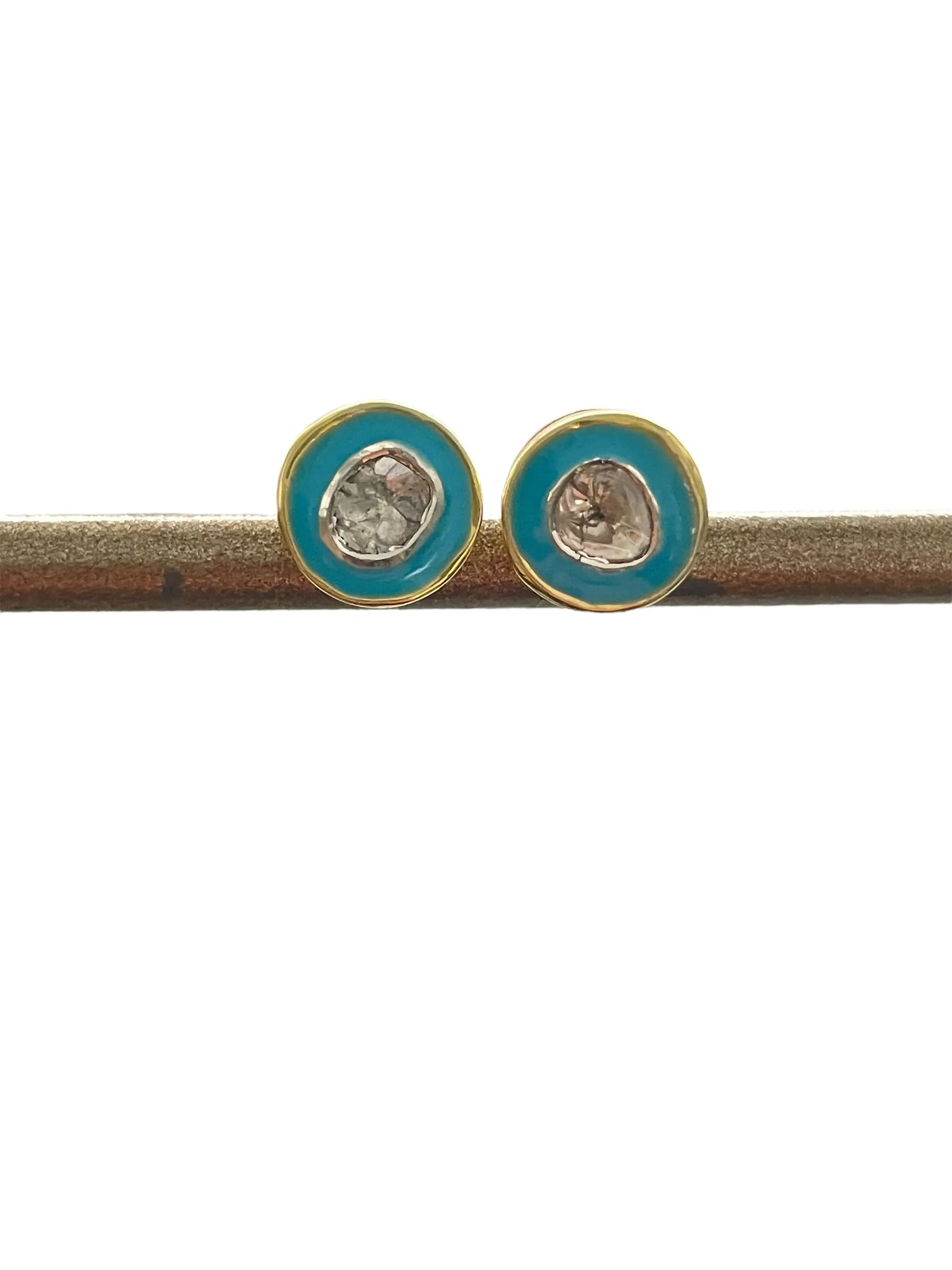 stud earrings of enamel, gold vermeil & polki diamonds