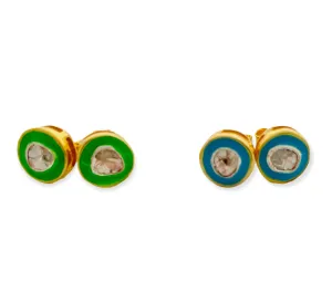 stud earrings of enamel, gold vermeil & polki diamonds