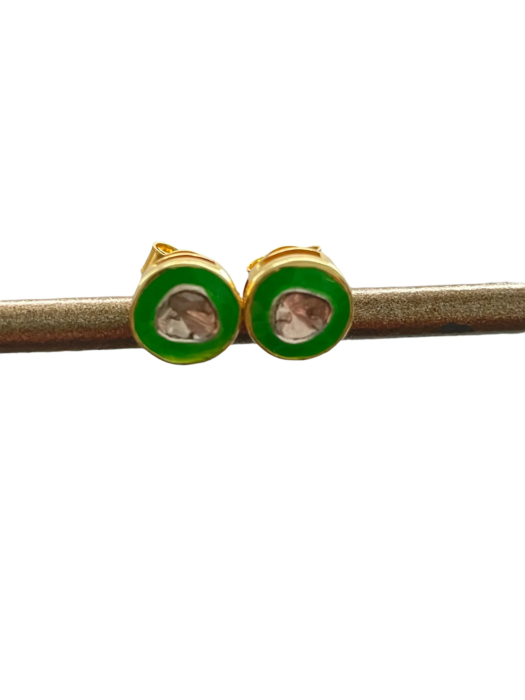 stud earrings of enamel, gold vermeil & polki diamonds
