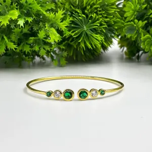 Three Stone Green Emerald & Diamond Cuff Bangle Bracelet for Women, 14K White Gold Finish May Birthstone Emerald Adjustable Bangle