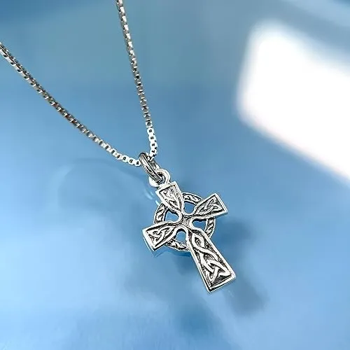 Tiny and Dainty Sterling Silver Celtic Cross Pendant Necklace for Women, Celtic Knot Cross Jewelry Religious Necklace for Teens (18 inches plus 2-inch extender)