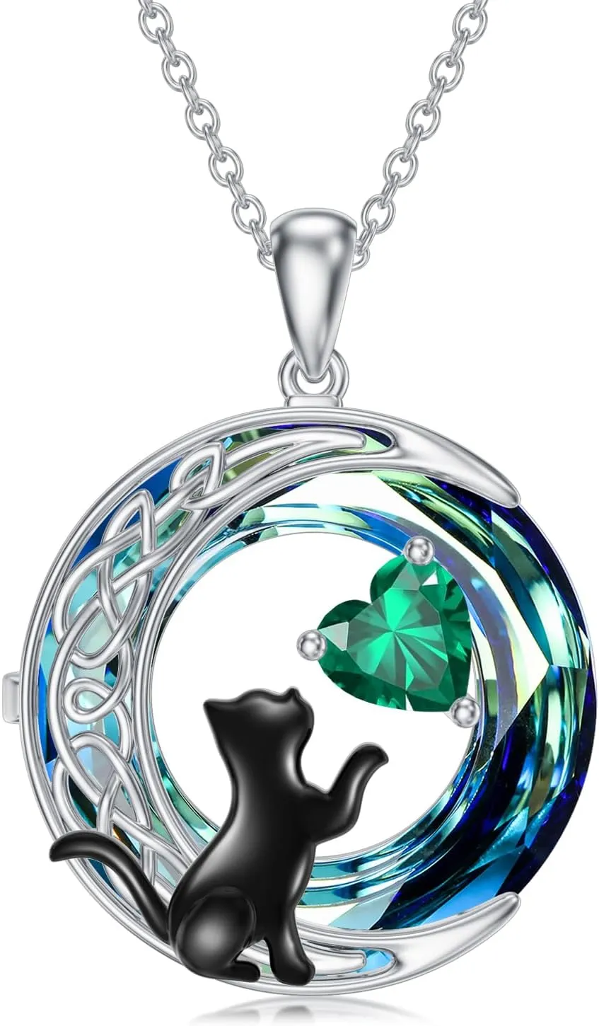 TOUPOP Cat Gifts for Cat Lovers Sterling Silver Celtic Moon Birthstone Necklace with Round Crystal Jewelry Birthday Mothers Day Gifts for Women Friend Mom