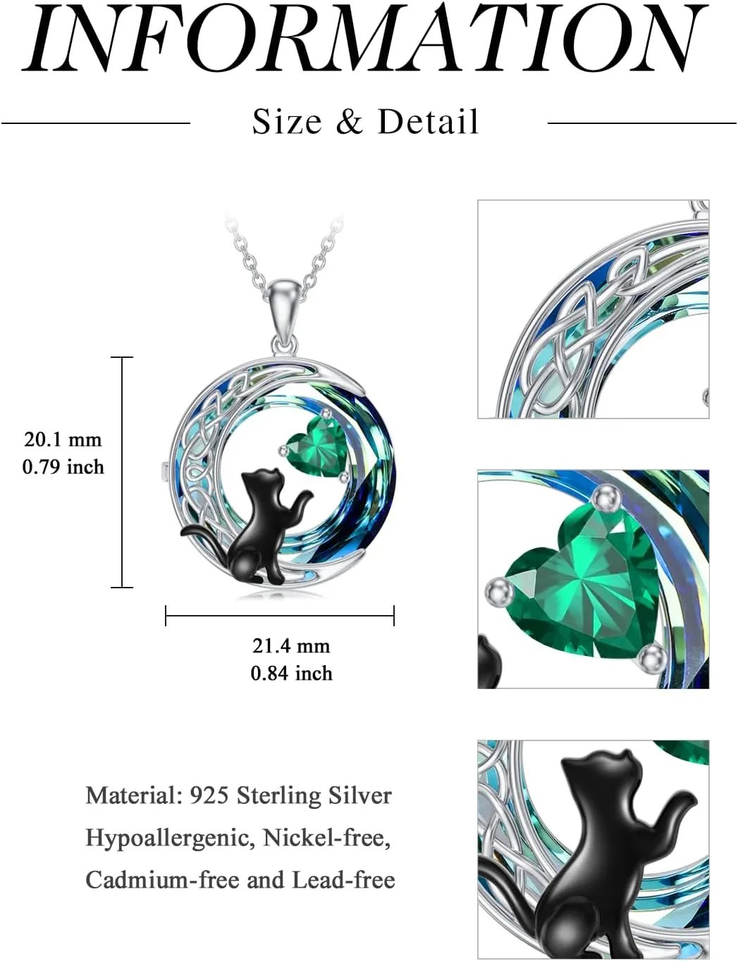 TOUPOP Cat Gifts for Cat Lovers Sterling Silver Celtic Moon Birthstone Necklace with Round Crystal Jewelry Birthday Mothers Day Gifts for Women Friend Mom