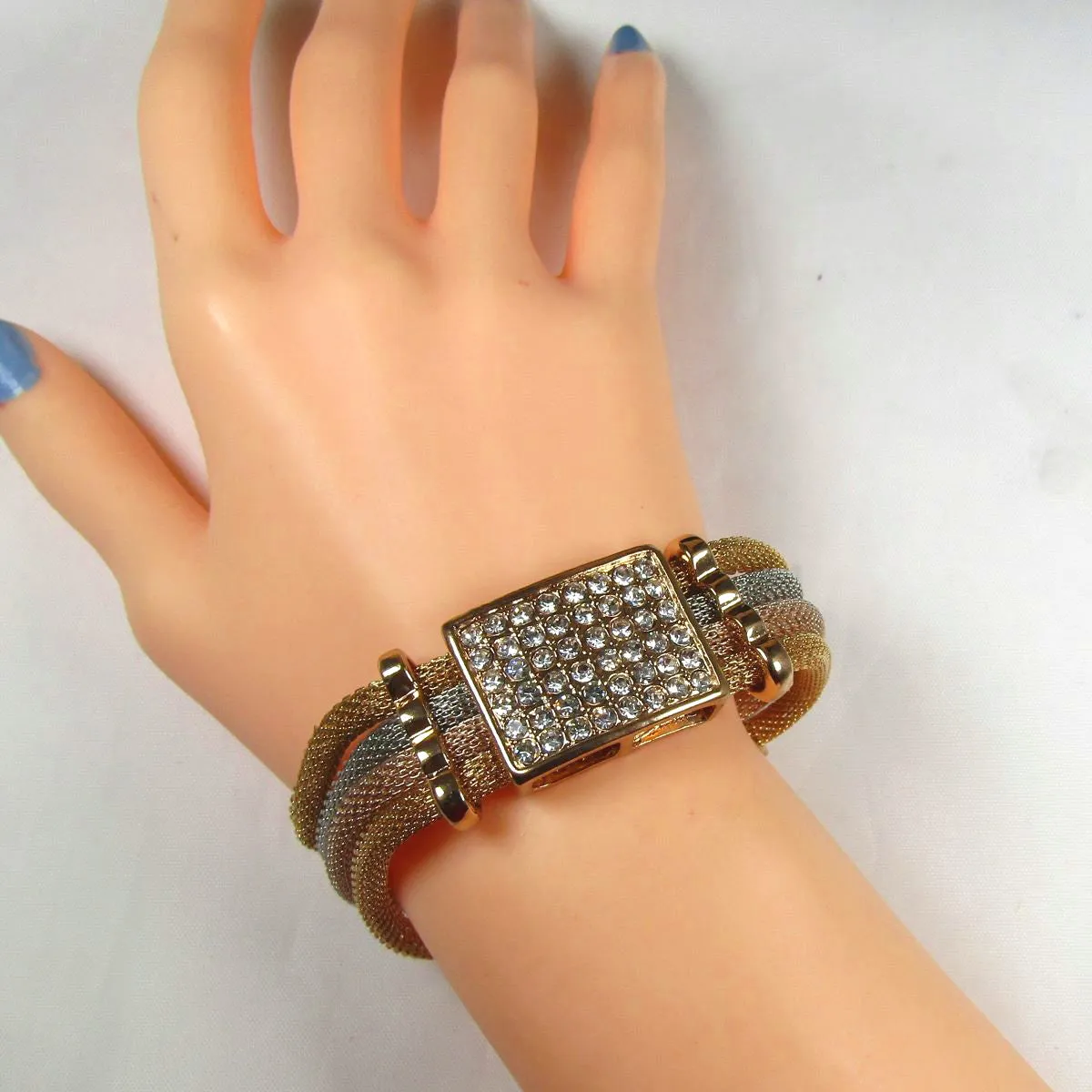 Tri-colored Multilayer Mesh & Rhinestone Bracelet