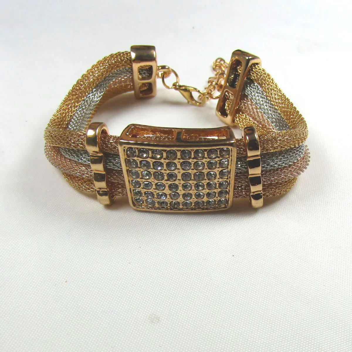 Tri-colored Multilayer Mesh & Rhinestone Bracelet