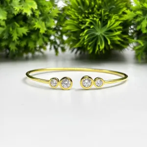 Two Stone White Diamond Cuff Bangle Bracelet for Women, 14K Yellow Gold Finish April Birthstone Diamond Adjustable Bangle