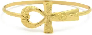 Unisex Egyptian Collection Horus Bird, Ankh, Ma'at, Eye of Heru Piece 3mm Wire Bangle Cuff Bracelet in Gold Tone (Ankh / XB435G)