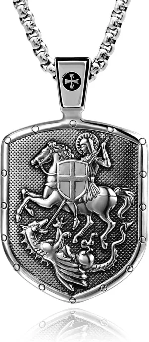 VENICEBEE St. George Mounted Slaying Dragon Saint Medal Cross Shield Protection Christian Sacramental Solid 925 Sterling Silver Pendant Necklace   Velvet Pouch, Polishing Cloth, Fine Gift Box