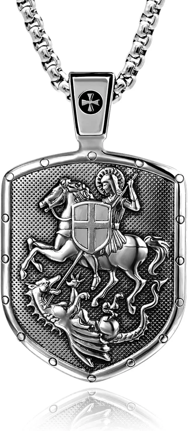 VENICEBEE St. George Mounted Slaying Dragon Saint Medal Cross Shield Protection Christian Sacramental Solid 925 Sterling Silver Pendant Necklace   Velvet Pouch, Polishing Cloth, Fine Gift Box