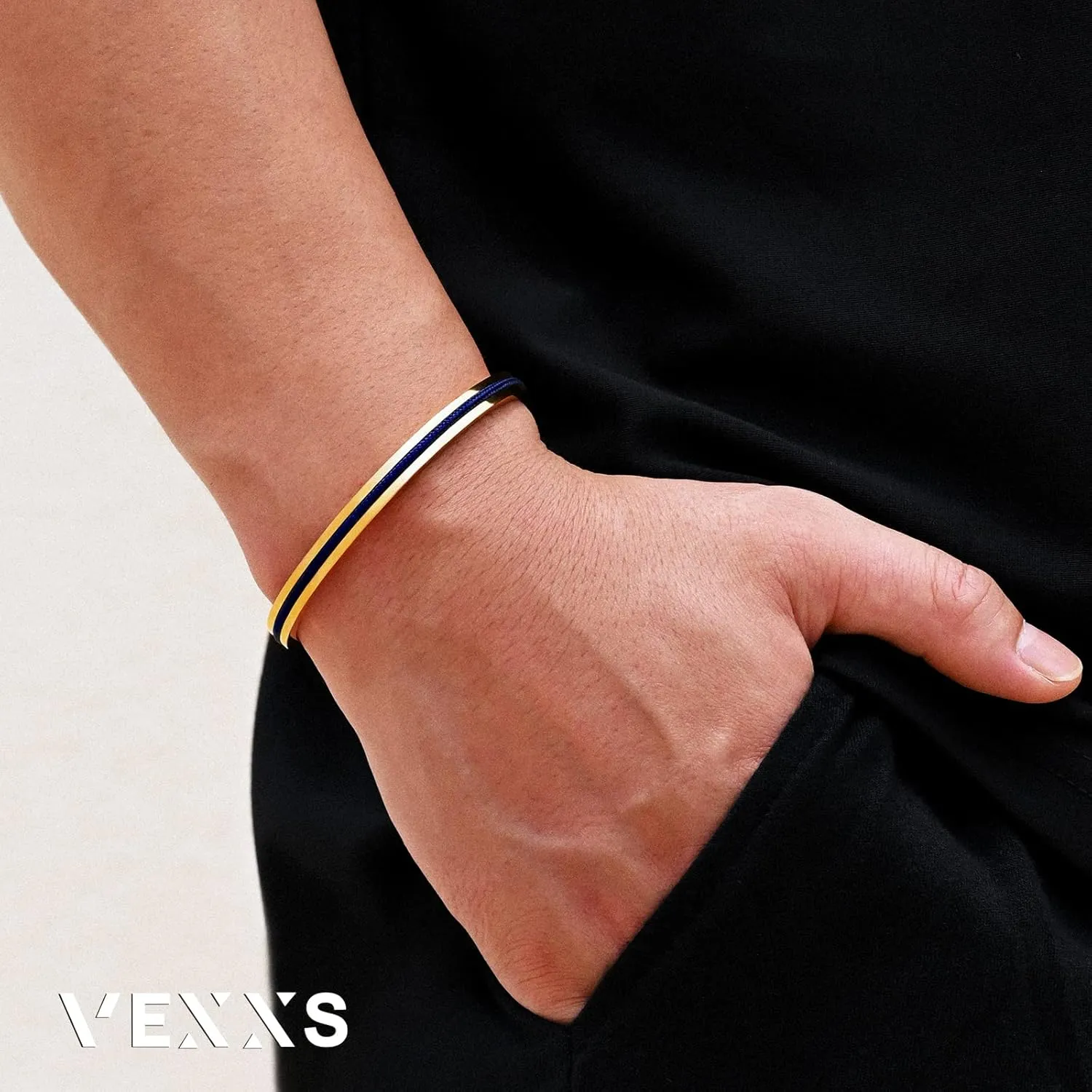VEXXS Men's Cuff Bracelet, Cuff Bangle Bracelet With Lucky Braiding Ropes, 18K Real Gold Plated Bracelet for Men, Mens Gold Bracelet Durable No Color Fading Cuban Bracelet Classic Gift for Men