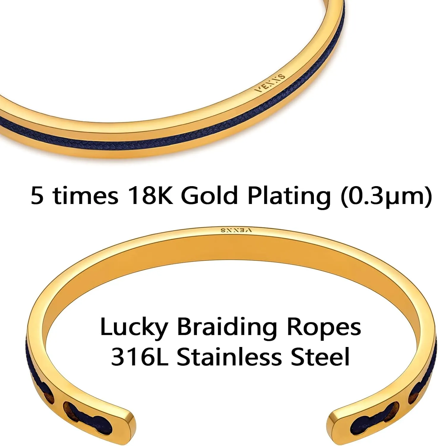 VEXXS Men's Cuff Bracelet, Cuff Bangle Bracelet With Lucky Braiding Ropes, 18K Real Gold Plated Bracelet for Men, Mens Gold Bracelet Durable No Color Fading Cuban Bracelet Classic Gift for Men