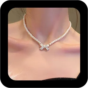 Vintage Pearl Bow Necklace Bow Pendant Necklace Pearl Bead Chain Necklace Imitation Pearl Choker Necklace Jewelry for Women