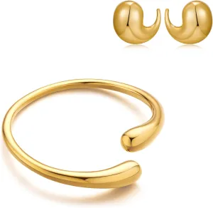 WOWORAMA Teardrop Dupes Earrings and Gold Cuff Bracelet Set for Women 18K Gold Plated and Hightly Polished