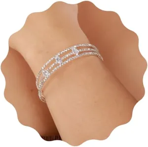 YERTTER Bridal 3 Row Stretch WrapSilver Gold Vintage Crystal Rhinestone Bracelet Strand Layered Bangle Bracelet Gift for Women Brides for Prom Party Wedding Dating
