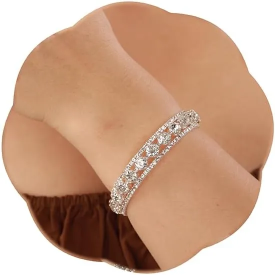 YERTTER Bridal Silver Gold Vintage Crystal Rhinestone 3 Row Stretch Wrap Bracelet Strand Layered Bangle Bracelet Gift for Women Brides for Prom Party Wedding Dating