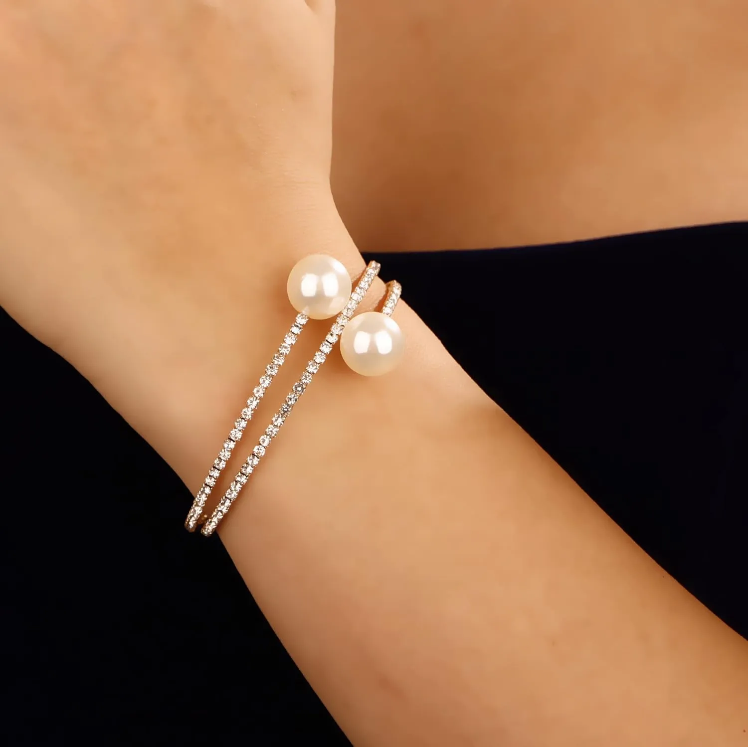 YERTTER Dainty Rhinestone 1920s Silver Fake Pearl Open Bangle Bracelet Wedding Sparkly Layered Wrap Cuff Bangle Bracelet Adjustable Pearl Bracelets for Women Brides
