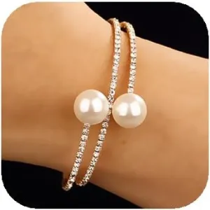 YERTTER Dainty Rhinestone 1920s Silver Fake Pearl Open Bangle Bracelet Wedding Sparkly Layered Wrap Cuff Bangle Bracelet Adjustable Pearl Bracelets for Women Brides