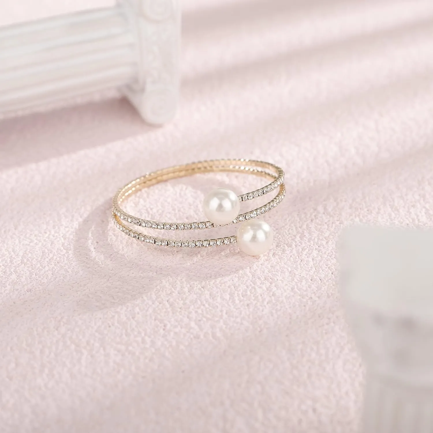 YERTTER Dainty Rhinestone 1920s Silver Fake Pearl Open Bangle Bracelet Wedding Sparkly Layered Wrap Cuff Bangle Bracelet Adjustable Pearl Bracelets for Women Brides