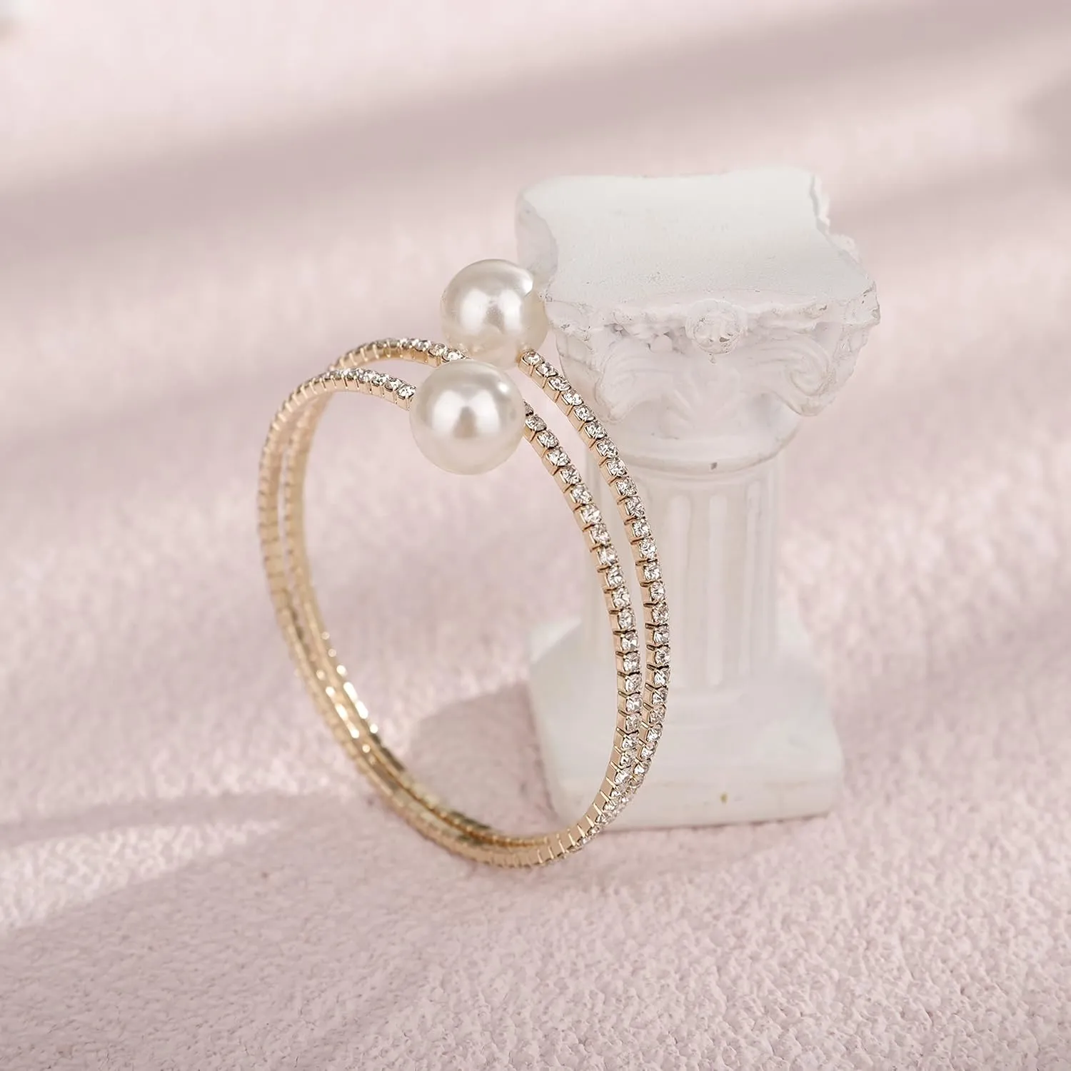YERTTER Dainty Rhinestone 1920s Silver Fake Pearl Open Bangle Bracelet Wedding Sparkly Layered Wrap Cuff Bangle Bracelet Adjustable Pearl Bracelets for Women Brides