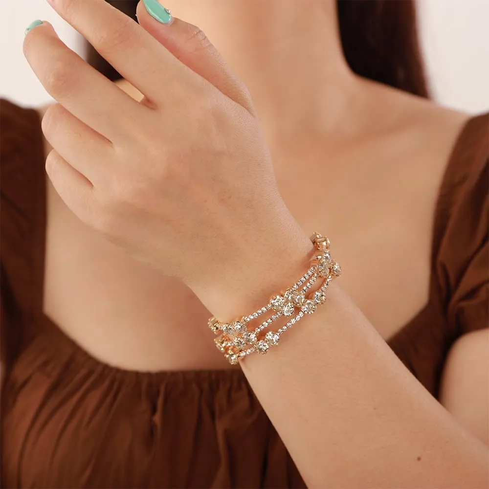 YERTTER Wedding Silver Gold Crystal Rhinestone 3 Row Stretch Wrap Bracelet Vintage Strand Layered Bangle Bracelet Gift for Women Brides