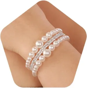 YERTTER Wedding Silver Gold Pearl Rhinestone 3 Row Open Cuff Bangle Bracelet Vintage Layered Bangle Bracelet Gift for Women Brides