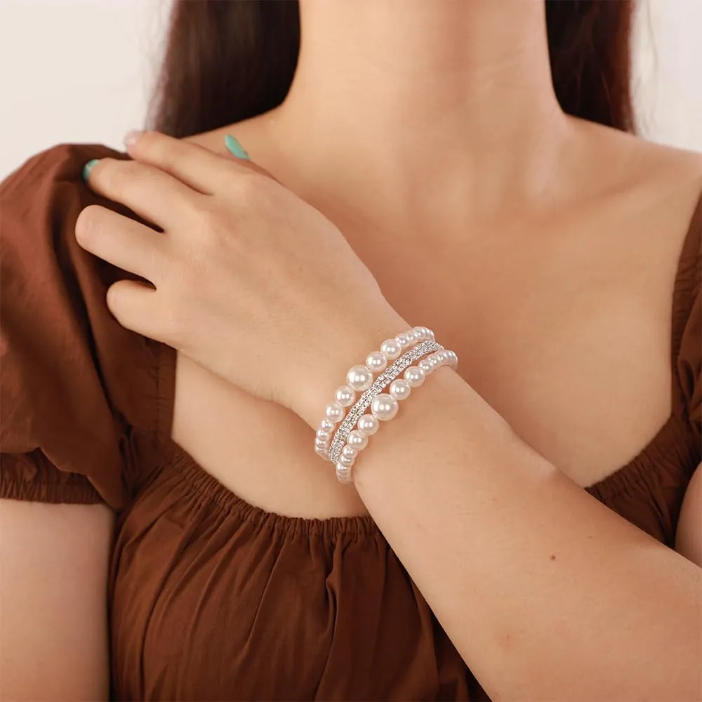 YERTTER Wedding Silver Gold Pearl Rhinestone 3 Row Open Cuff Bangle Bracelet Vintage Layered Bangle Bracelet Gift for Women Brides